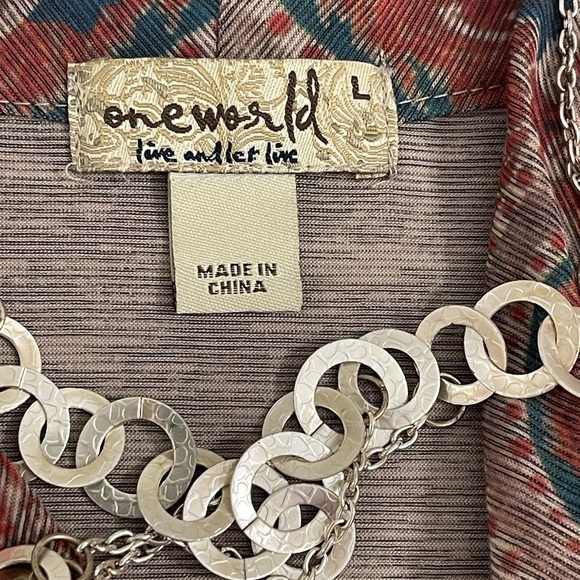 ONE WORLD BEIGE LIGHTWEIGHT CARDIGAN WITH FLORAL PRINT TRIM SZ LG EUC - Picture 9 of 12